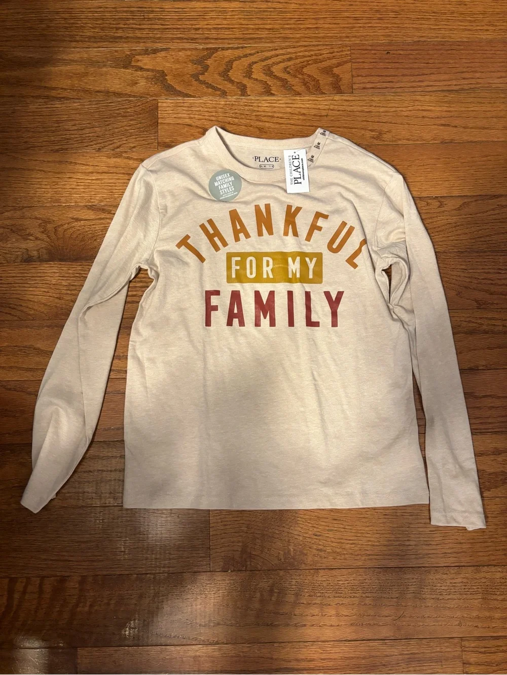 The Children's Place Cream Long Sleeve Tee with 'Thankful for My Family' Graphic